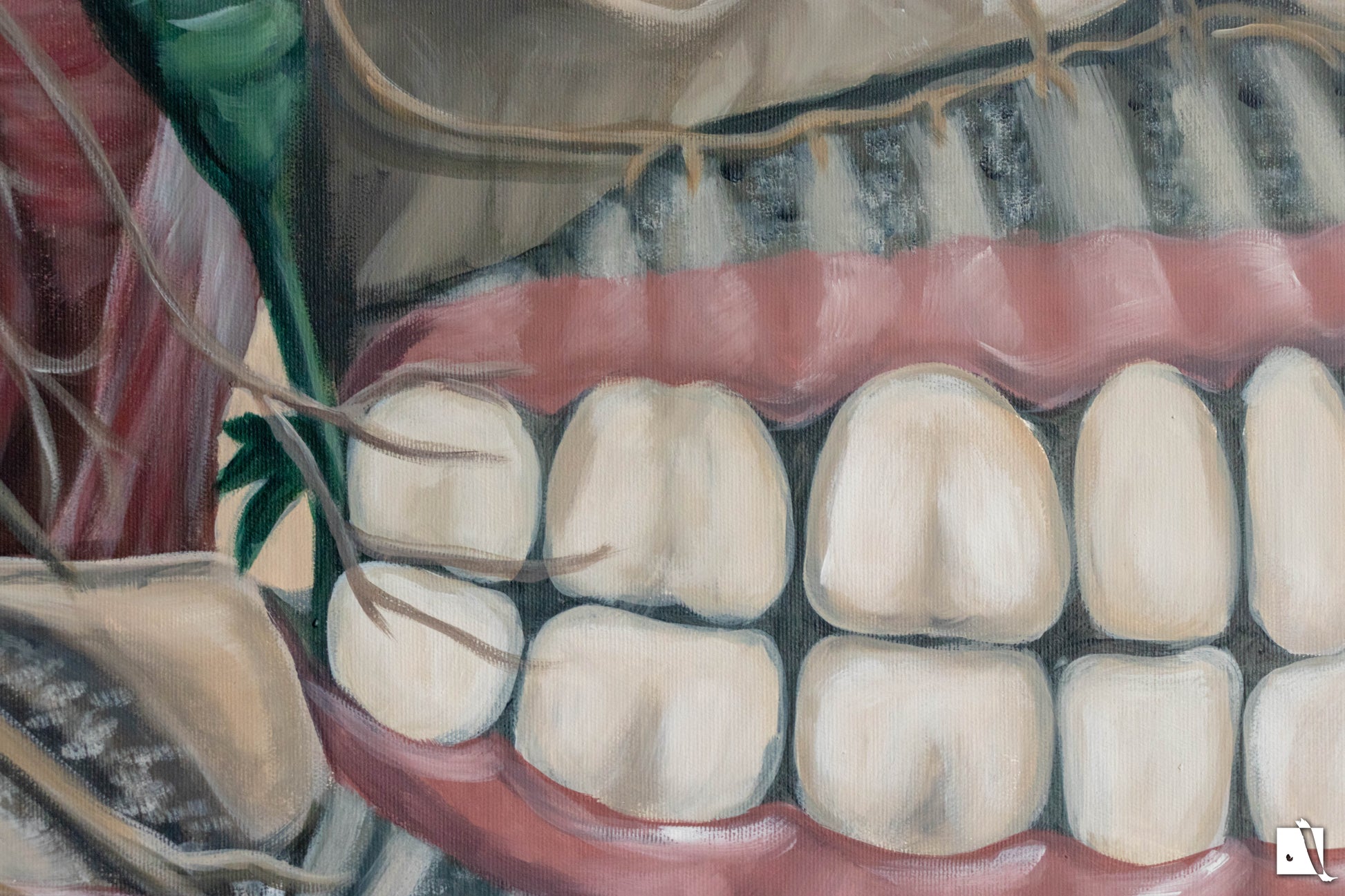 Pictura surrealista structura anatomica schelet cu trandafiri detaliu 