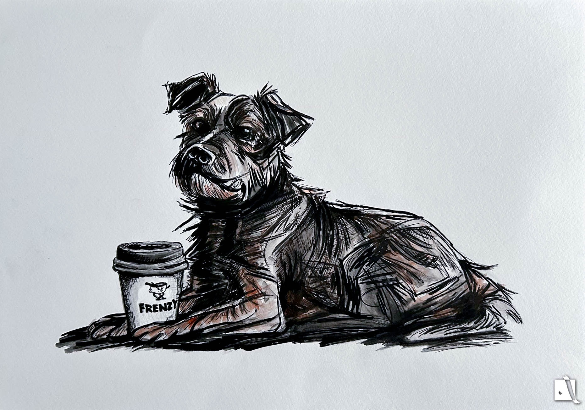 Portret canin in tehnica mixta cu creion si pix cu cafea