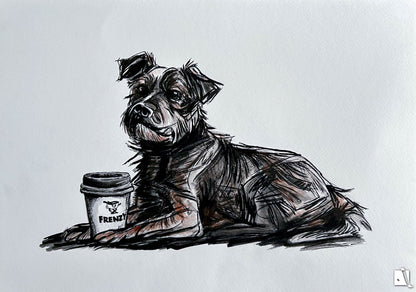 Portret canin in tehnica mixta cu creion si pix cu cafea