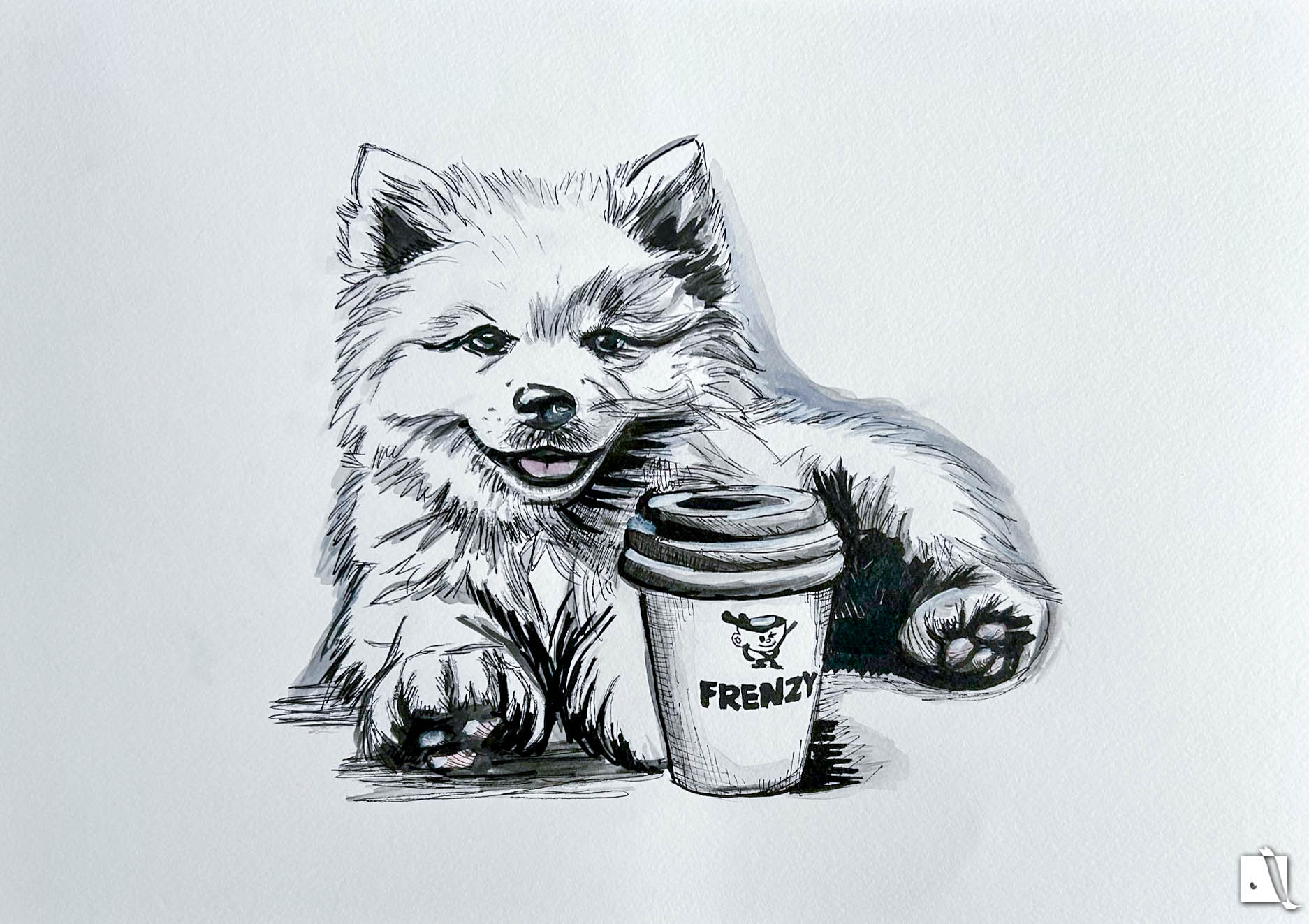 Portret canin realizat manual pe hartie alba cu tehnica mixta, creion, pix si acuarela