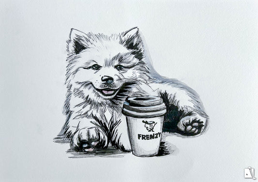 Portret canin realizat manual pe hartie alba cu tehnica mixta, creion, pix si acuarela