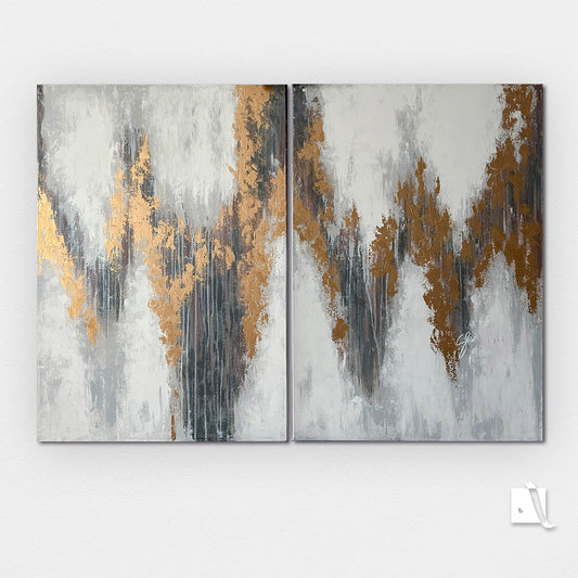 Set Pictura Decorativa abstracta 2 bucati cu acrilic metalic auriu, gri si maro, alb