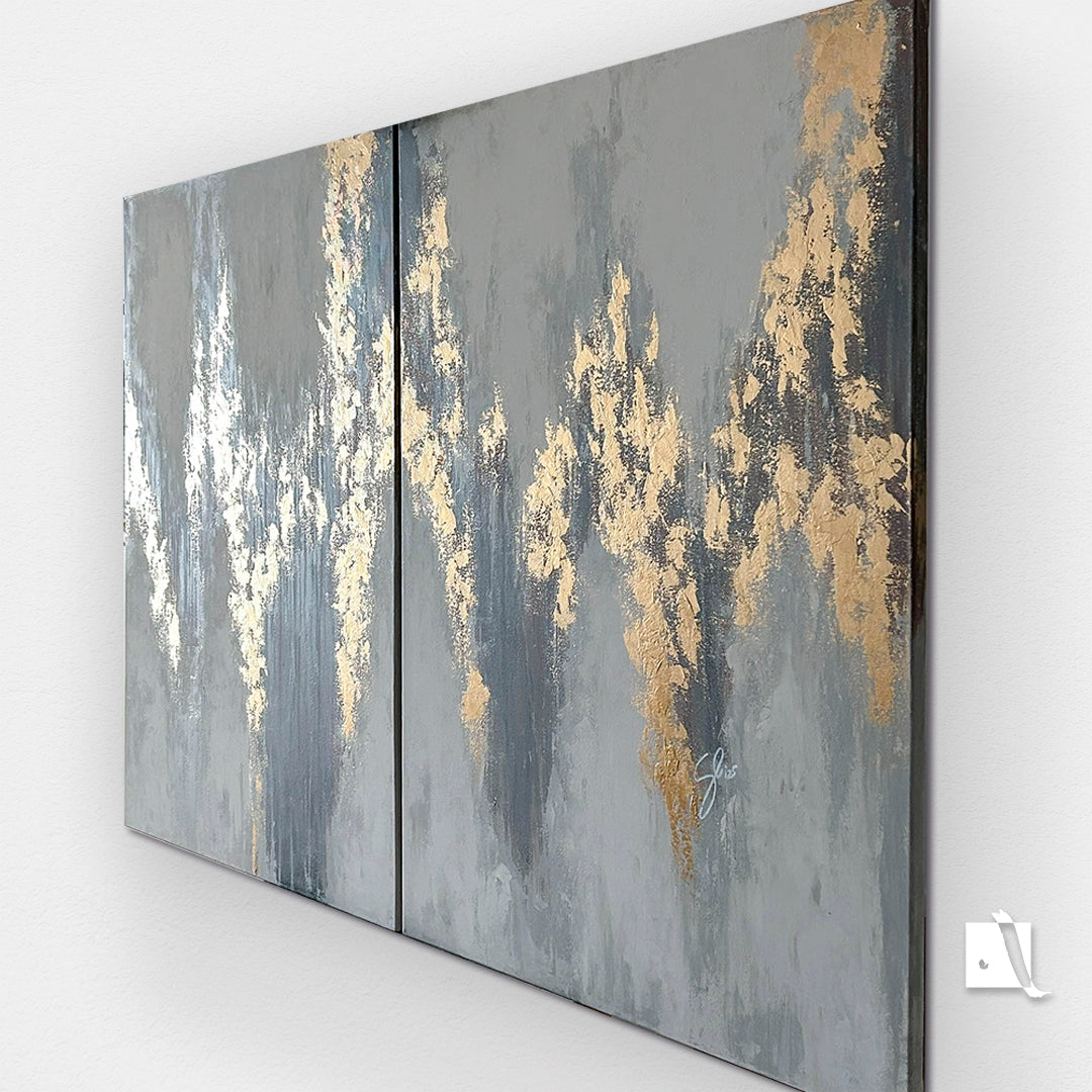 Set Pictura Decorativa abstracta 2 bucati cu acrilic metalic auriu, gri si maro, alb