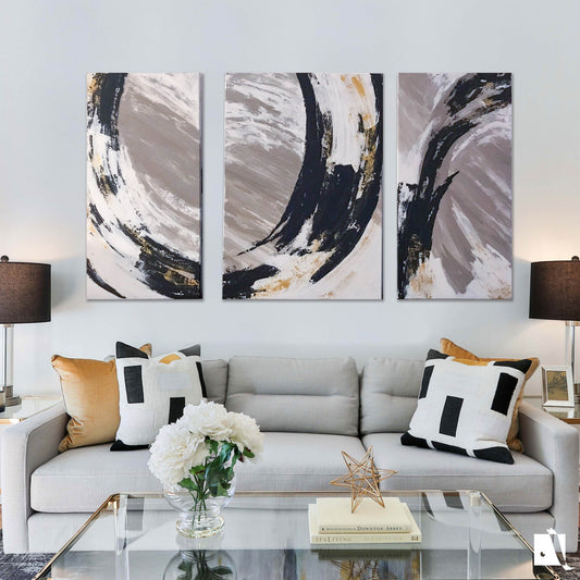 Set de 3 bucati picturi decorative abstracte forme circulare in relief cu nuante de cafeniu alb negru si insertii aurii