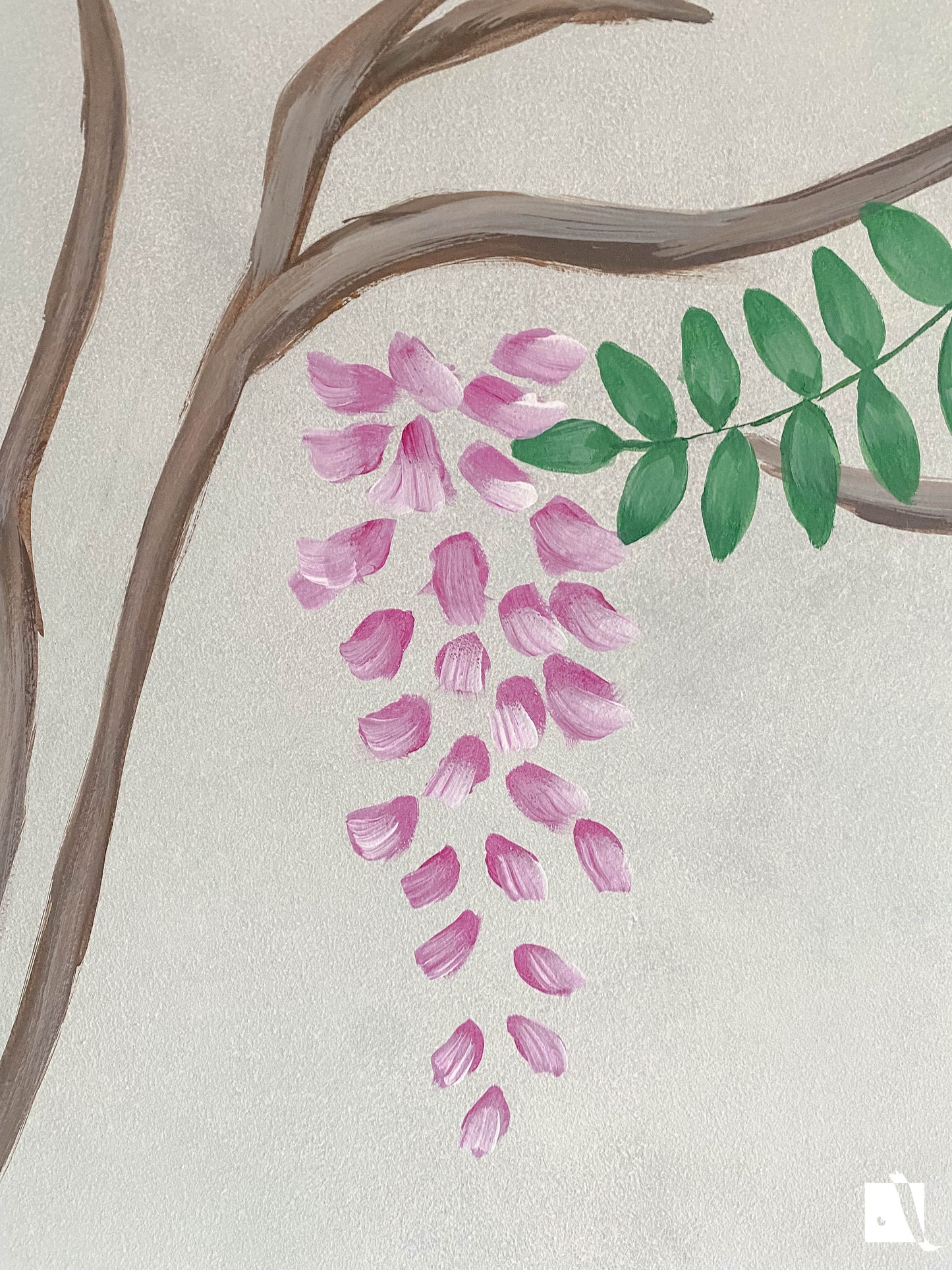 Wall mural art of birds and trees on a wall with a light background