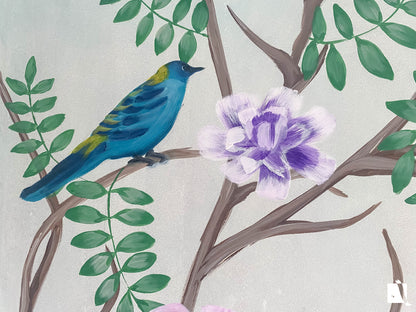 Wall mural of birds and trees on a wall with a light background