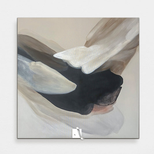 pictura abstracta decorativa cu forme curbe, stil acvarele, negru cu crem,alb si maro