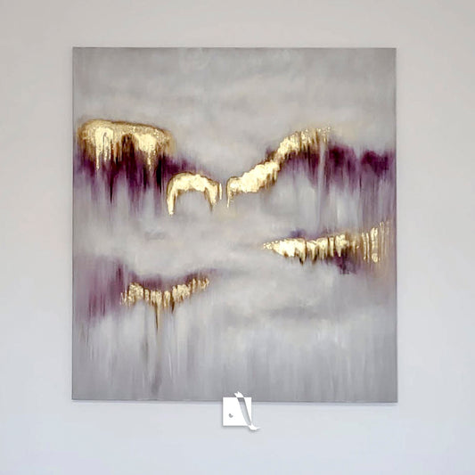 An abstract figurative painting with golden leaf inserts and acrylic paint, predominantly in shades of purple and white, displayed on a wall without a frame.