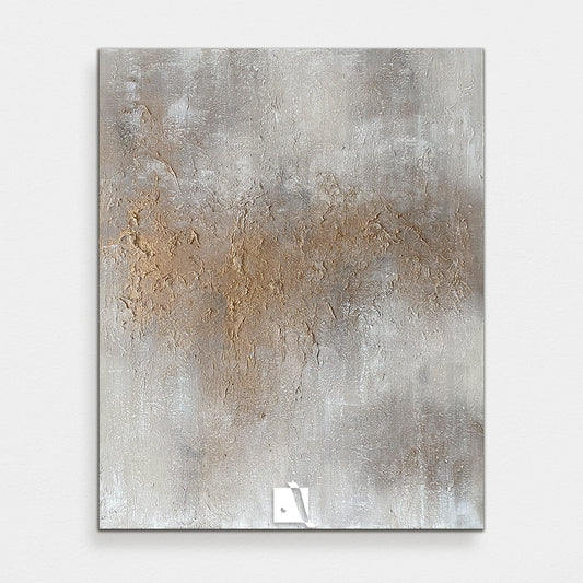 An abstract figurative painting in 3D structure with golden leaf inserts, predominantly in shades of silver and beige, with a textured surface.