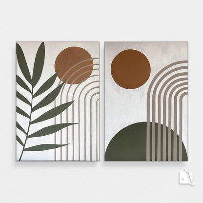 set de picturi 2 bcuati fundal crem, portocaliu, verde cu maro deschis, linii geometrice, planta, stil boho, pictura texturata, cu pasta de modelat, pictura acrilica
