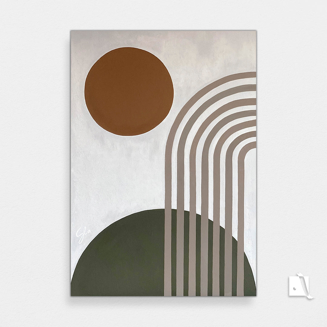 set de picturi 2 bcuati fundal crem, portocaliu, verde cu maro deschis, linii geometrice, stil boho, pictura texturata, cu pasta de modelat, pictura acrilica