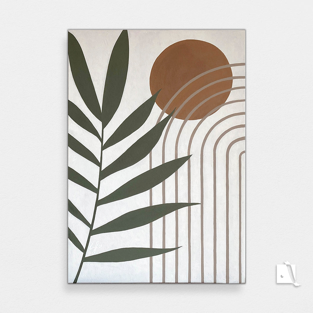 set de picturi 2 bcuati fundal crem, portocaliu, verde cu maro deschis, linii geometrice, planta, stil boho, pictura texturata, cu pasta de modelat, pictura acrilica