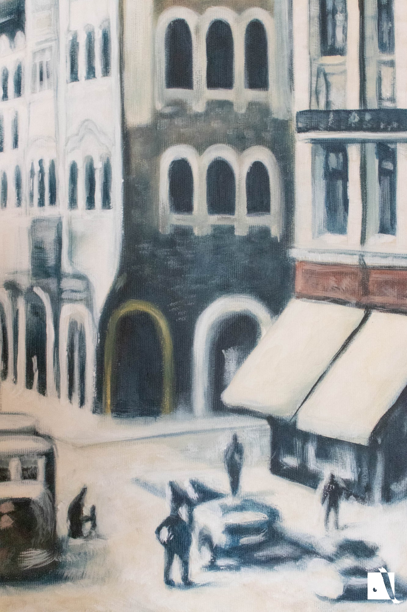 pictura_cu_peisaj_urban_cu_piata_traian_din_timisoara_efect_vintage_dupa_poza_veche_realizat_manual_in_vopsea_acrilica_detaliu_caldire