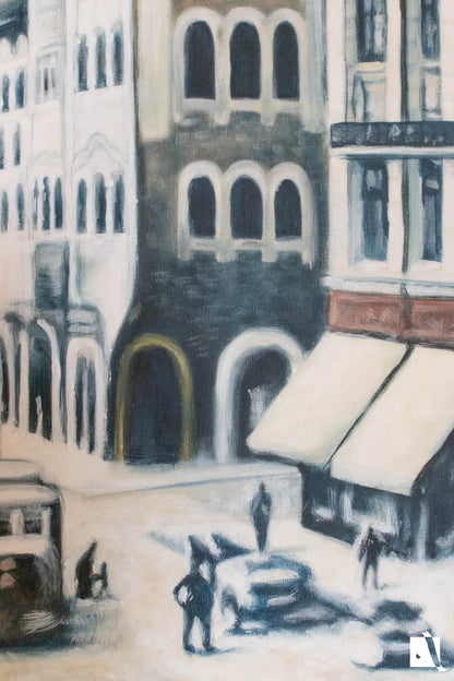 pictura_cu_peisaj_urban_cu_piata_traian_din_timisoara_efect_vintage_dupa_poza_veche_realizat_manual_in_vopsea_acrilica_detaliu_caldire