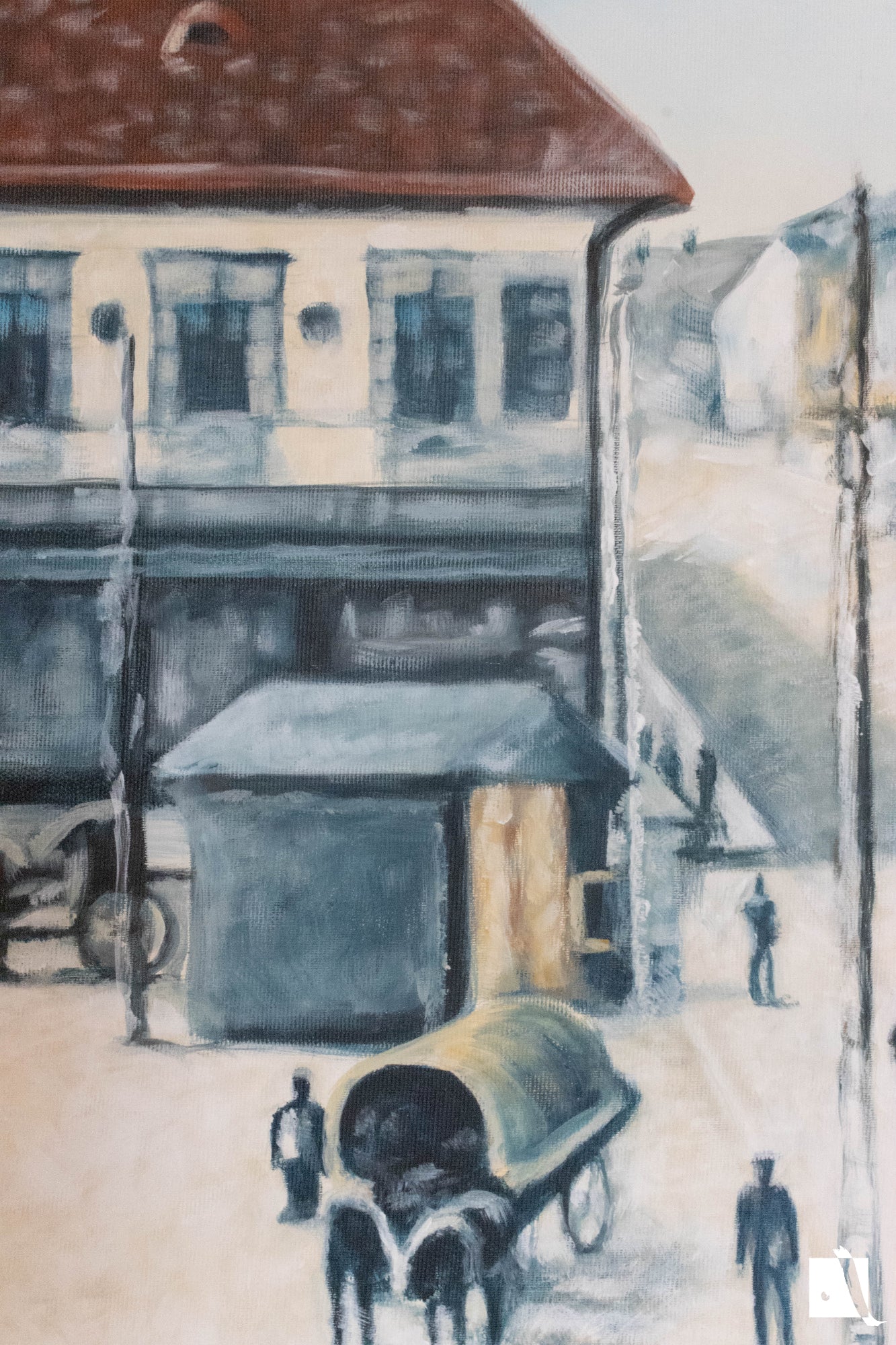 pictura cu peisaj urban cu piata traian din timisoara efect vintage dupa poza veche realizat manual in vopsea acrilica 