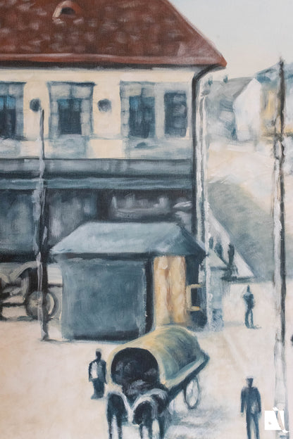 pictura cu peisaj urban cu piata traian din timisoara efect vintage dupa poza veche realizat manual in vopsea acrilica 