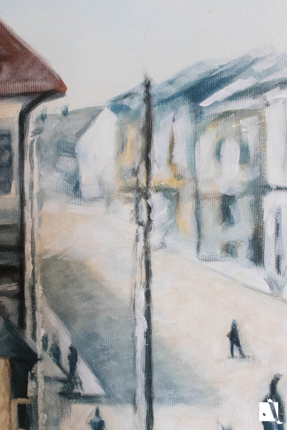 pictura_cu_peisaj_urban_cu_piata_traian_din_timisoara_efect_vintage_dupa_poza_veche_realizat_manual_in_vopsea_acrilica_detaliu_stalp