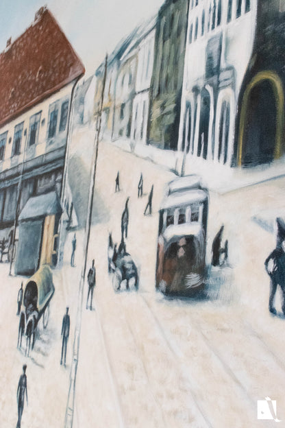pictura cu peisaj urban cu piata traian din timisoara efect vintage dupa poza veche realizat manual in vopsea acrilica detaliu tramvai