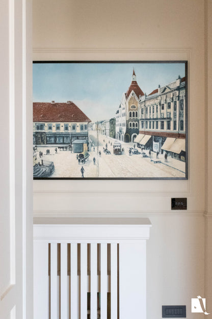 pictura cu peisaj urban cu piata traian din timisoara efect vintage dupa poza veche realizat manual in vopsea acrilica plasat  in context de amenajare classica