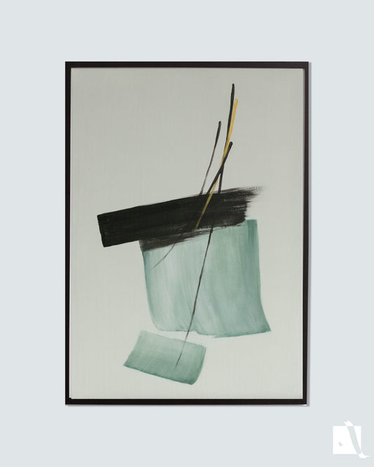 pictura decorativa abstracta cu forme rectangulare pe fundal crem cu verde negru si auriu