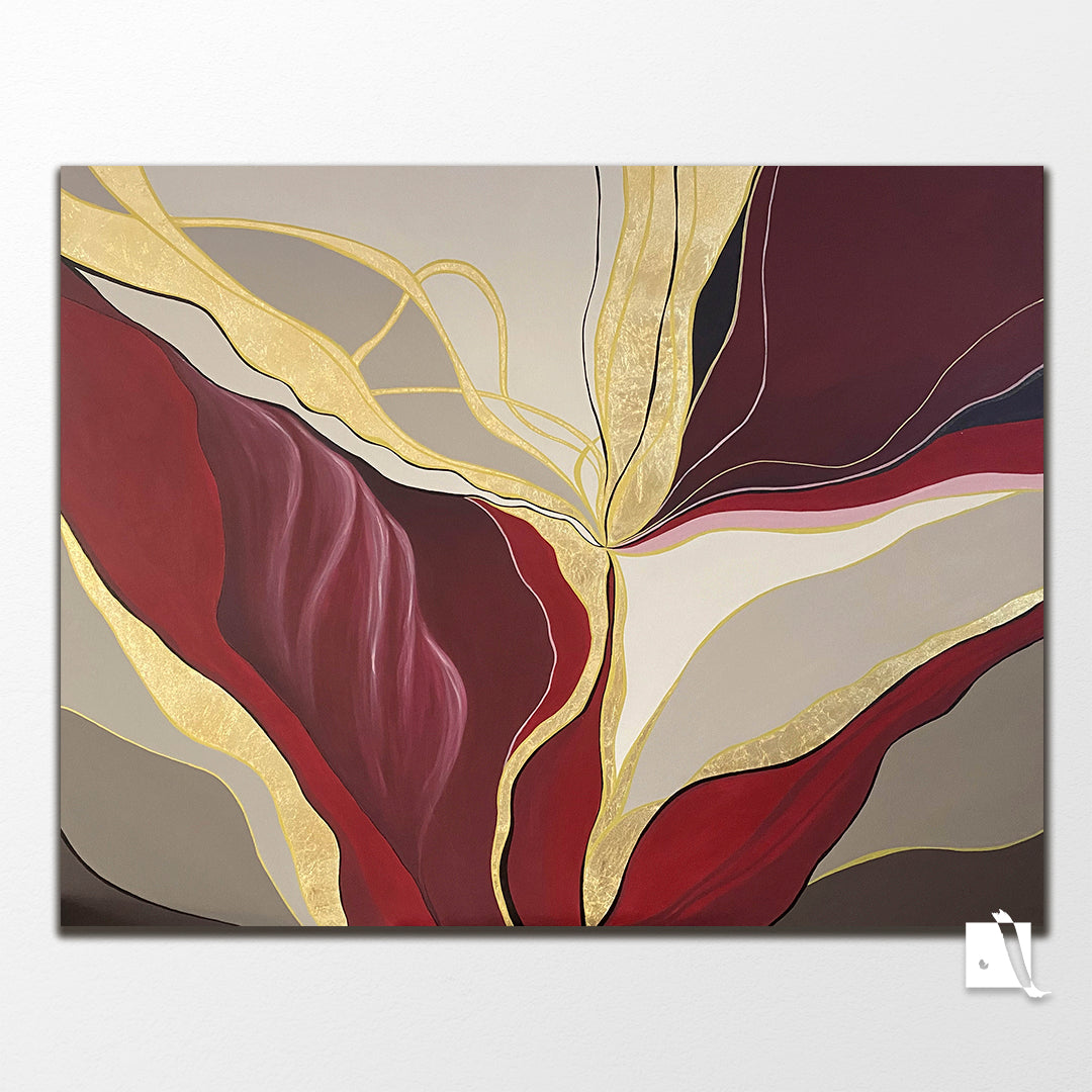 pictura decorativa abstracta florala cu crem maro rosu bordo si insertii aurii