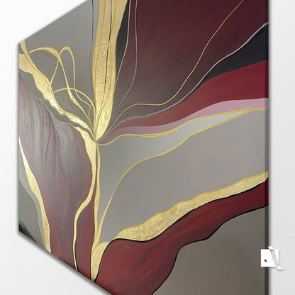 pictura decorativa abstracta florala cu crem maro rosu bordo si insertii aurii