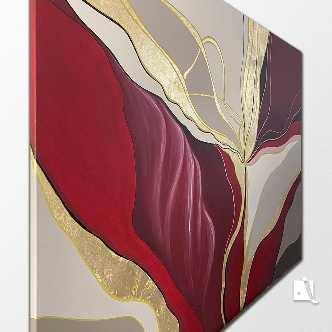 pictura decorativa abstracta florala cu crem maro rosu bordo si insertii aurii margini pictate