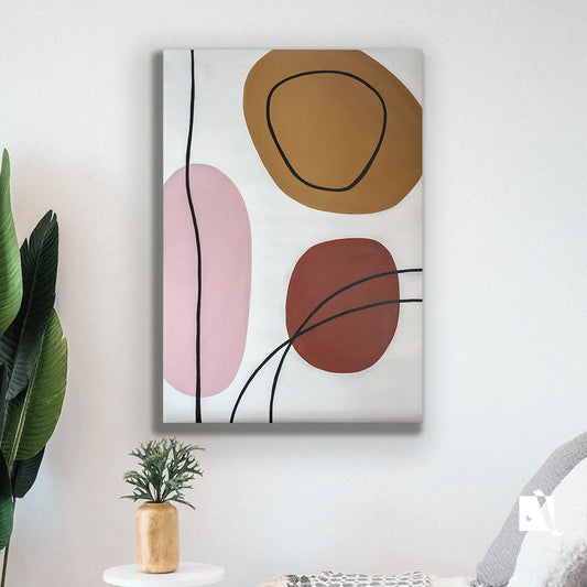 pictura decorativa abstracta minimalista cu 3 cercuri inegale si linii negre roz,crem,bordo si ocru in context de amenajare
