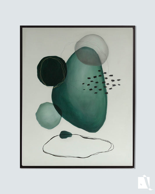 pictura decorativa abstracta minimalista realizata manual cu fundal crem si forme rotunde neregulare verde eucalipt si negru