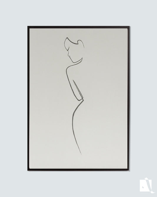 pictura decorativa minimalista conturul unui corp feminin cu linie neagra pe fundal crem