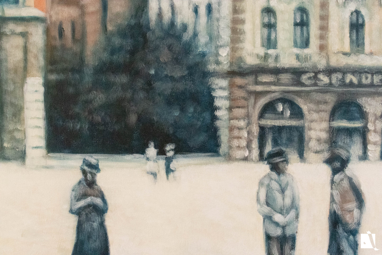 pictura realista cu peisaj urban cu piata traian din timisoara dupa o poza veche detaliu
