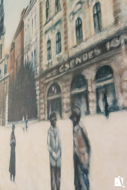 pictura realista cu peisaj urban despre piata traian din timisoara dupa o poza veche 
