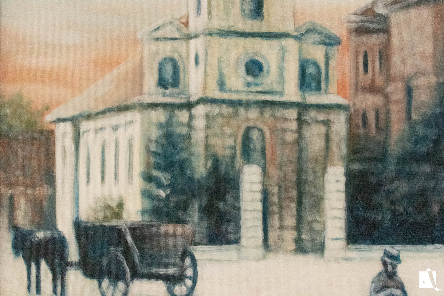 pictura realista cu peisaj urban despre piata traian din timisoara dupa o poza veche detaliu caruta si biserica