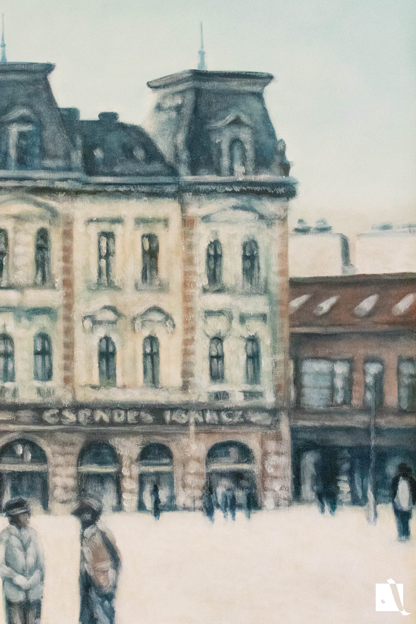pictura realista cu peisaj urban despre piata traian din timisoara dupa o poza veche detaliu cladire