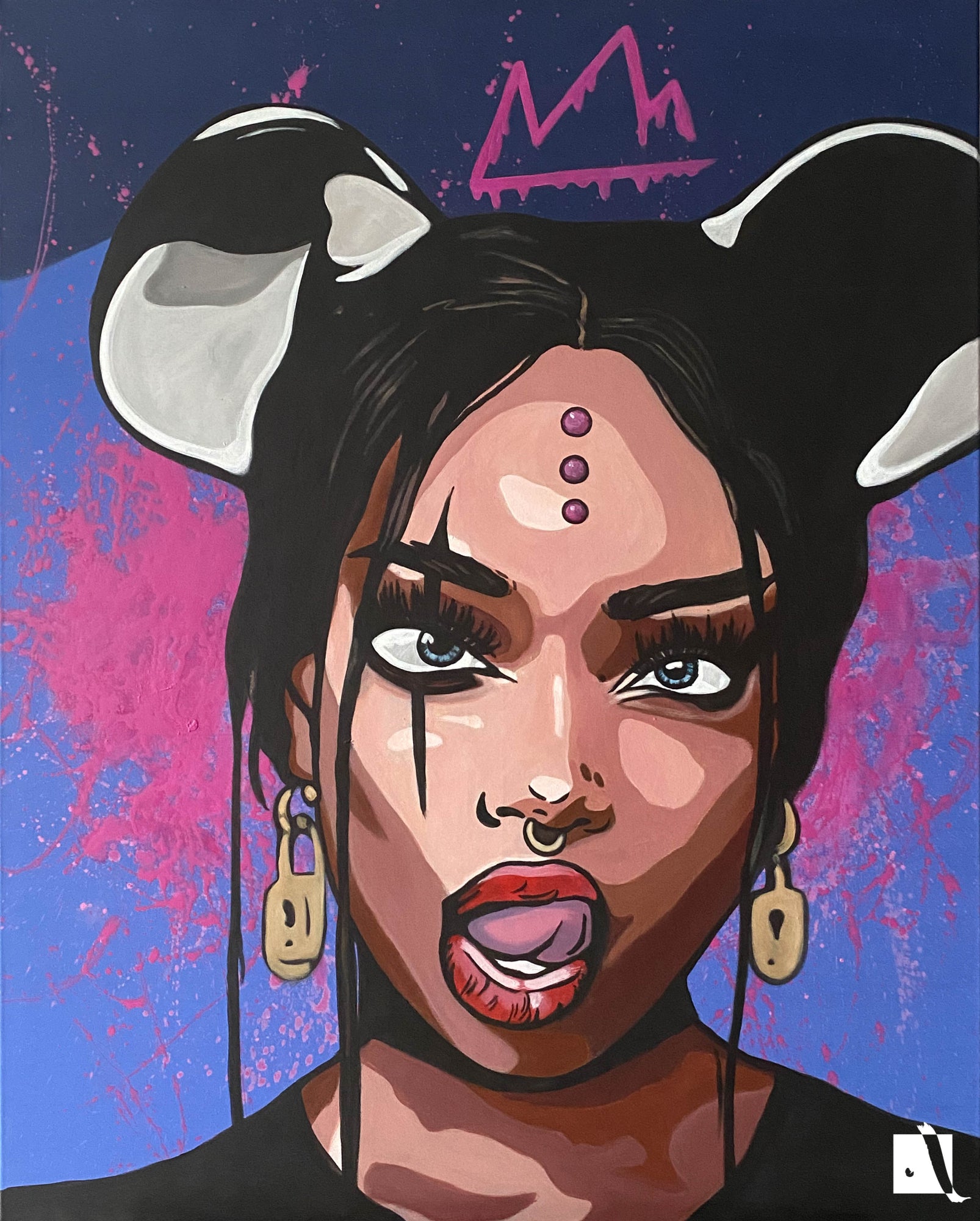 pictura tip portret a unei femei cu urechi minnie mouse, cercei tip lacat, buze rosii cu limba scoasa si pierce in nas culori predominant albastru cu negru si roz