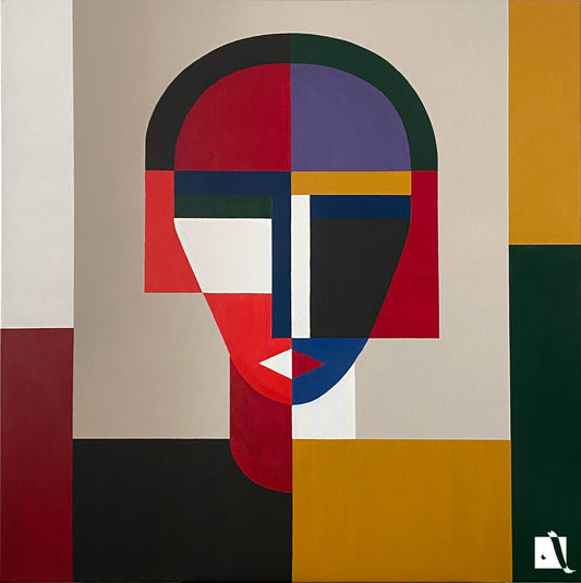 pictura tip portret abstractizat in stil constructivist cu crem, alb, rosu, negru, ocru si verde, forme in relief
