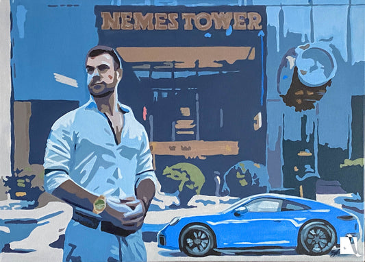 pictura tip portret personalizata la comanda abstractizat arhitectura in fundal cu porsche
